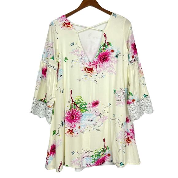 Davi & Dani | Ivory Cream Floral Bell Sleeve Boho Tunic Mini Dress - Picture 2 of 10